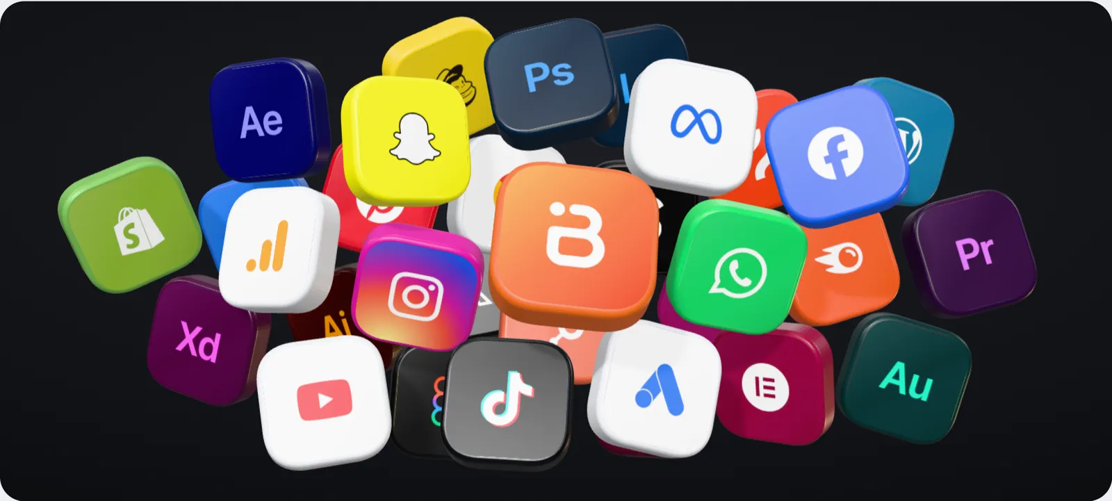 The Bpromote logo with the platforms and tools we work with: Instagram, TikTok, Facebook, YouTube, WhatsApp, Snapchat, X, Threads, Pinterest, Google Ads, Meta Ads, Google Analytics, Semrush, Google Search, HubSpot, Hotjar, Google Tag Manager, Yoast SEO, Adobe Photoshop, Adobe Illustrator, Adobe Premiere Pro, Adobe After Effects, Adobe InDesign, Adobe Lightroom, Adobe XD, Adobe Audition, Mailchimp, Figma, WordPress, Shopify, Elementor
